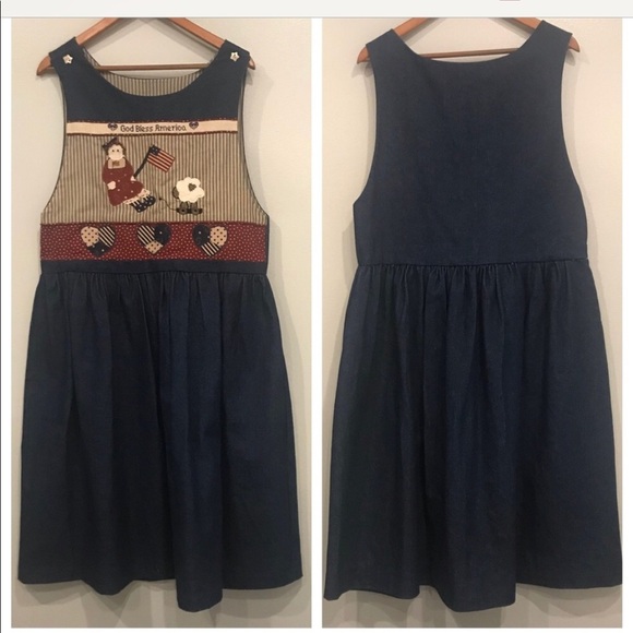 Americana Appliqué Handmade Jean Jumper Dress - Picture 1 of 8